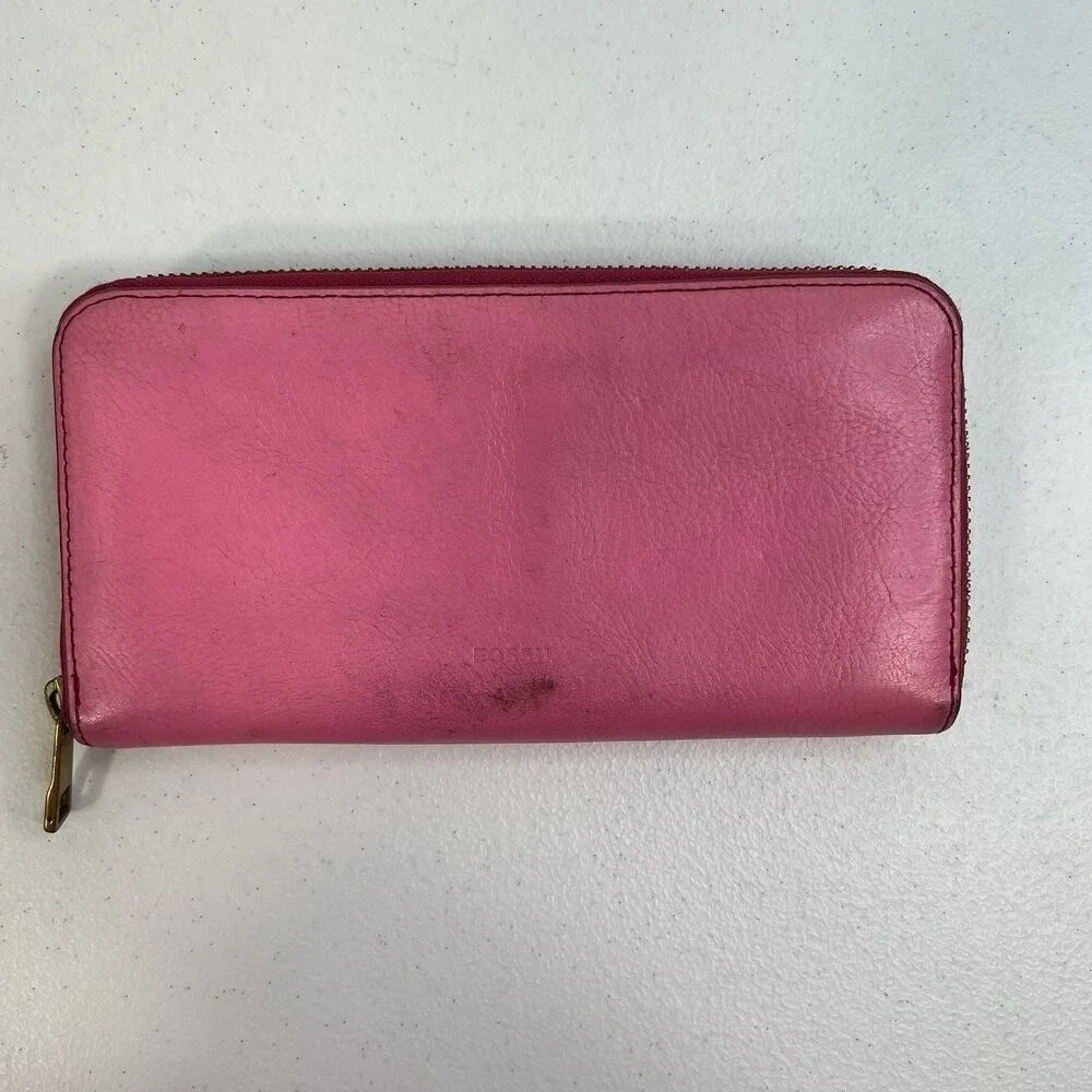 Fossil Pink Pebbled Leather Zip Around Wallet‎ Pockets Card Slots Pocketbook